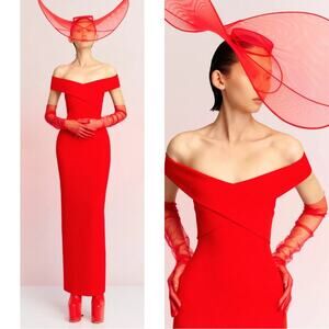 SOLACE LONDON Ines Off the Shoulder Bodycon Column Red Maxi Dress Size 4